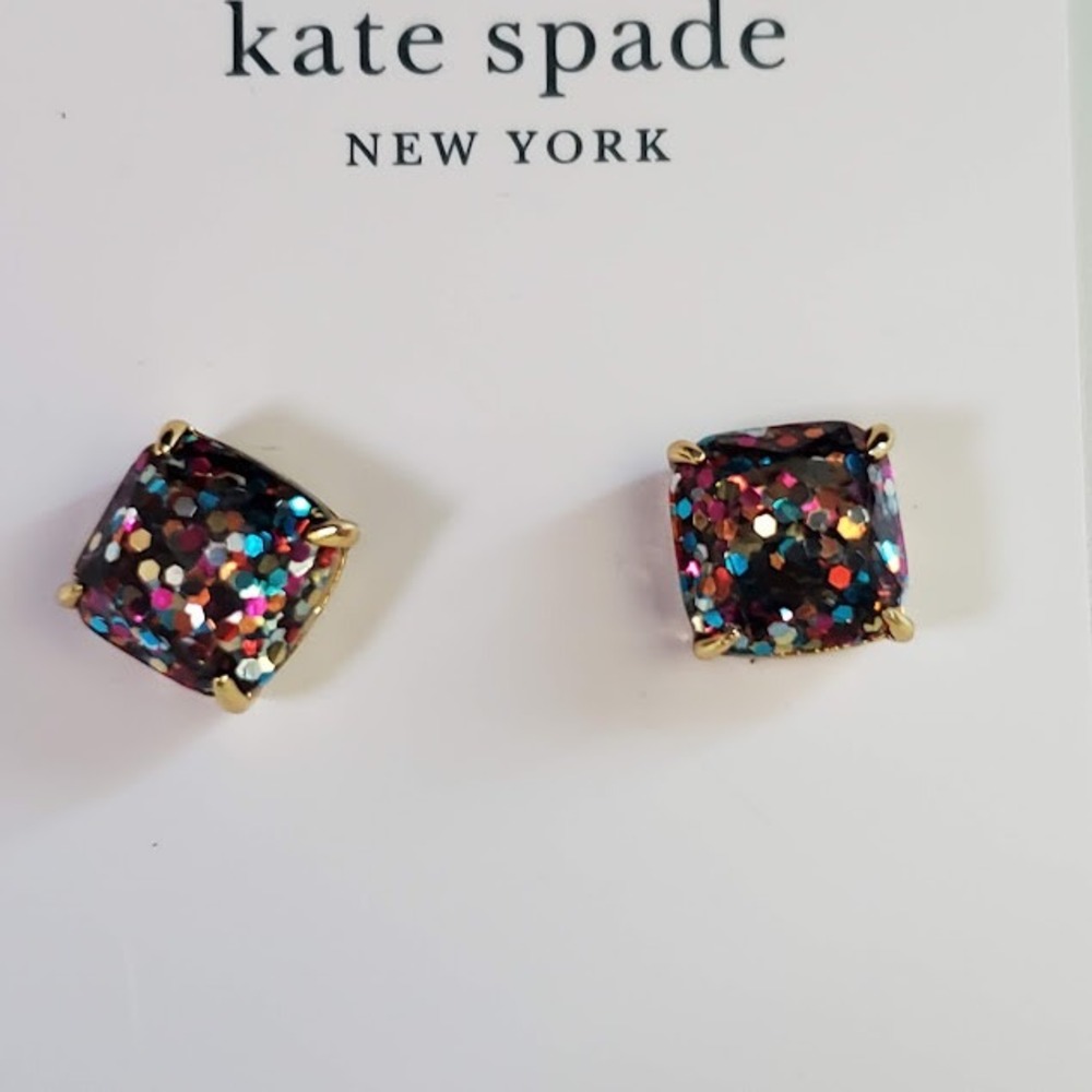 Kate Spade New York Gold Tone Multicolor Glitter Square Stud Earrings NWT Gift